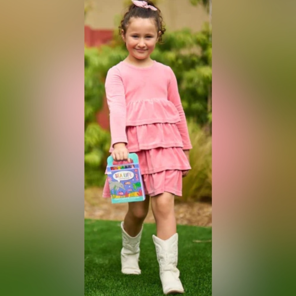 Hanna Andersson Pink Coral Velour Tiered Ruffle Dress Long Sleeve Size 110 5 US